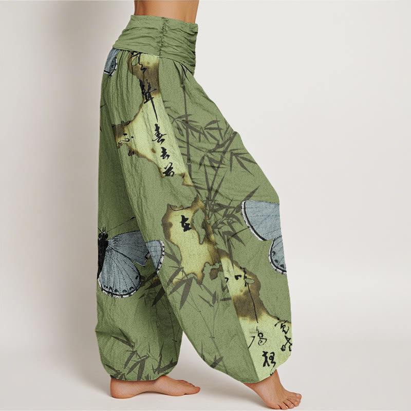 Buddha Stones Cotton Casual Butterfly Bamboo Leaf Calligraphy Pattern Women's Elastic Waist Harem Pants - image 1