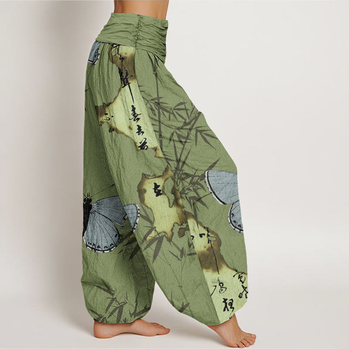 Buddha Stones Cotton Casual Butterfly Bamboo Leaf Calligraphy Pattern Women's Elastic Waist Harem Pants - image 1