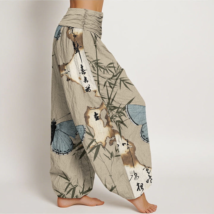 Buddha Stones Cotton Casual Butterfly Bamboo Leaf Calligraphy Pattern Women's Elastic Waist Harem Pants - image 8