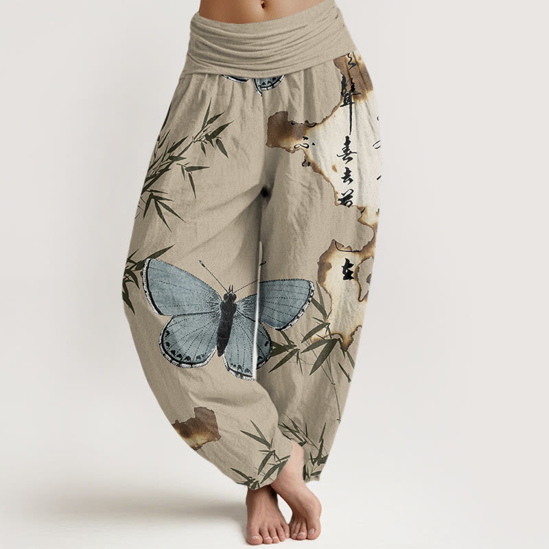 Buddha Stones Cotton Casual Butterfly Bamboo Leaf Calligraphy Pattern Women's Elastic Waist Harem Pants - Tan - US22，UK/AU26，EU54 (6XL) - image 7