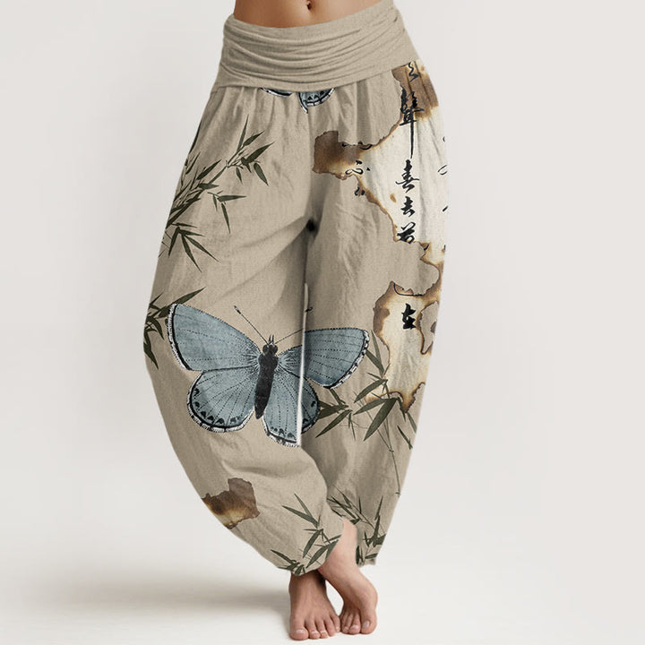 Buddha Stones Cotton Casual Butterfly Bamboo Leaf Calligraphy Pattern Women's Elastic Waist Harem Pants - Tan - US22，UK/AU26，EU54 (6XL) - image 7