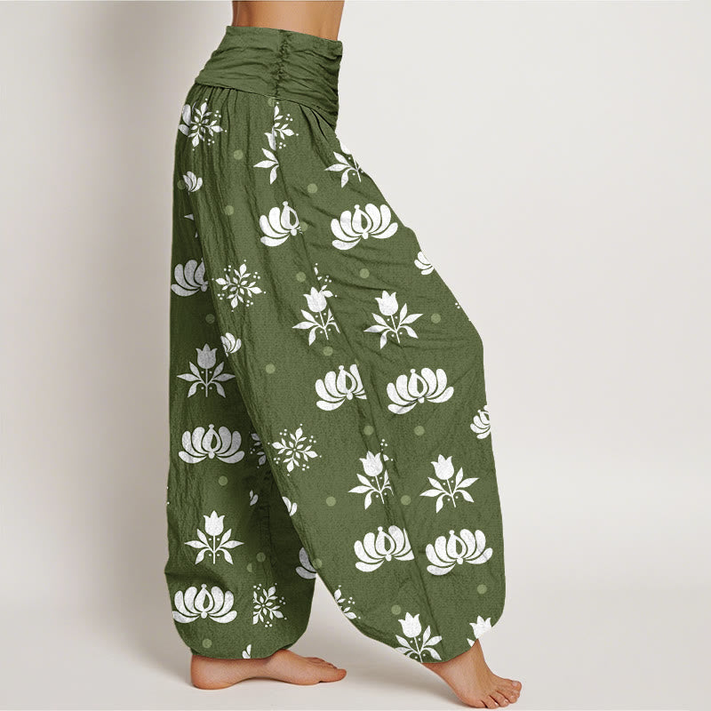 Buddha Stones Cotton Casual Lotus Small Dots Pattern Women's Elastic Waist Harem Pants - image 5