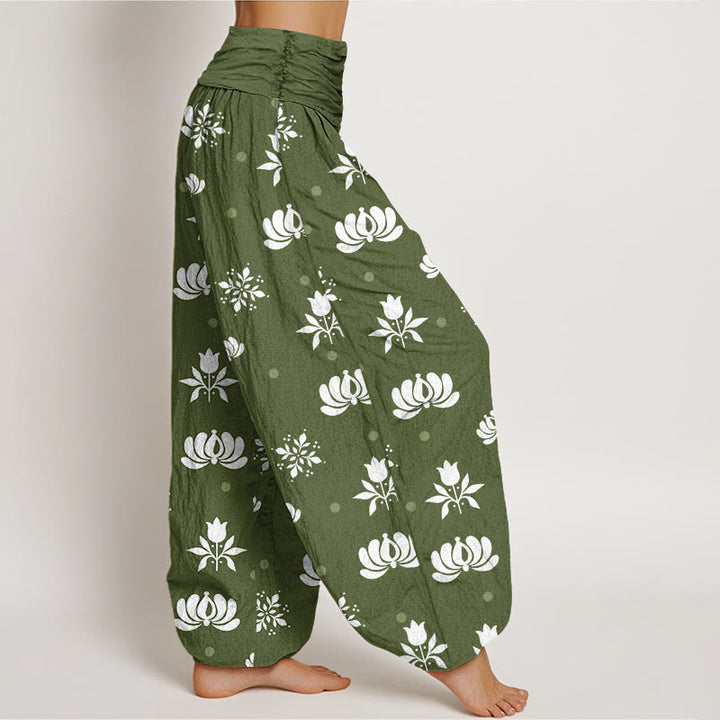 Buddha Stones Cotton Casual Lotus Small Dots Pattern Women's Elastic Waist Harem Pants - image 5