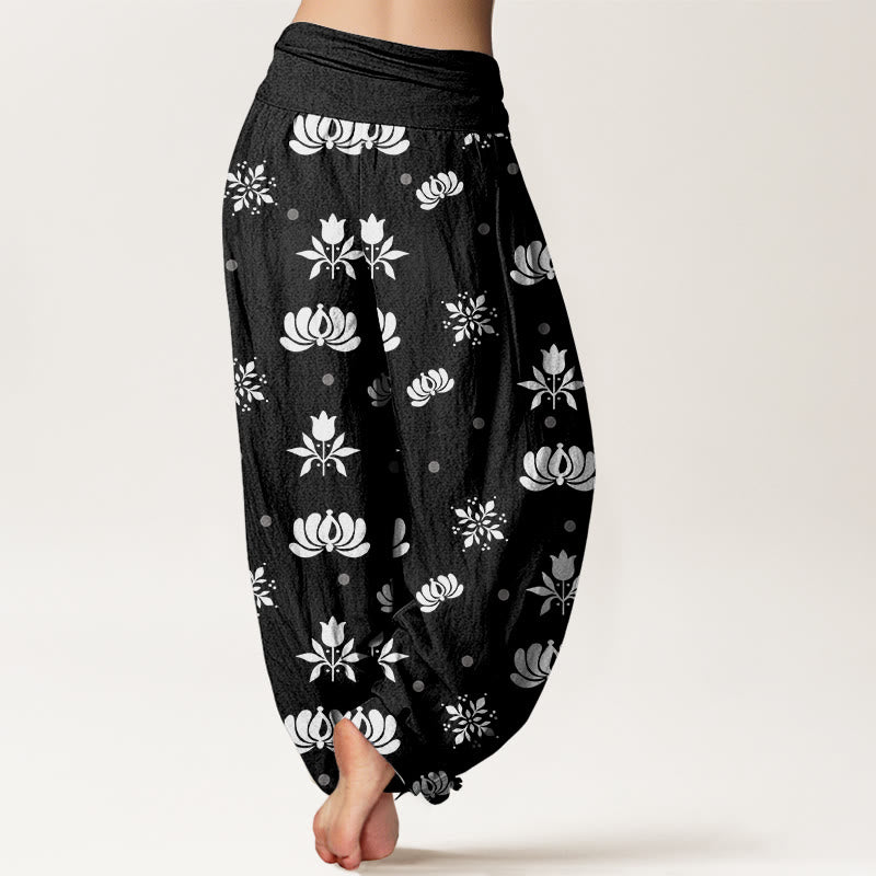 Buddha Stones Cotton Casual Lotus Small Dots Pattern Women's Elastic Waist Harem Pants - image 9