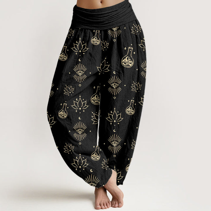 Buddha Stones Cotton Casual Lotus Eye Of Horus Pattern Women's Elastic Waist Harem Pants - Black - US22，UK/AU26，EU54 (6XL) - image 0