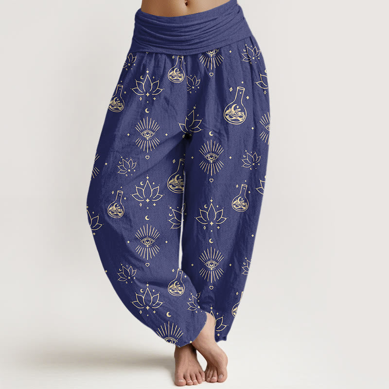 Buddha Stones Cotton Casual Lotus Eye Of Horus Pattern Women's Elastic Waist Harem Pants - DarkSlateBlue - US22，UK/AU26，EU54 (6XL) - image 4
