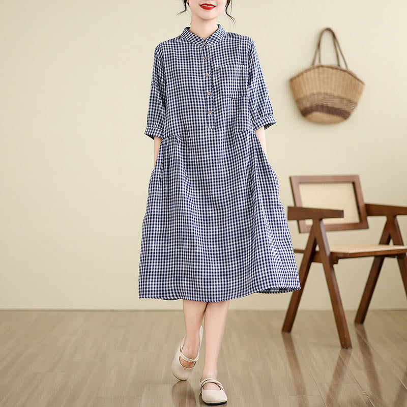 Buddha Stones Plaid Pattern Half Sleeve Cotton Linen Midi Dress With Pockets - image 5