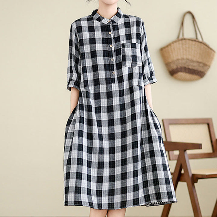 Buddha Stones Plaid Pattern Half Sleeve Cotton Linen Midi Dress With Pockets - image 10