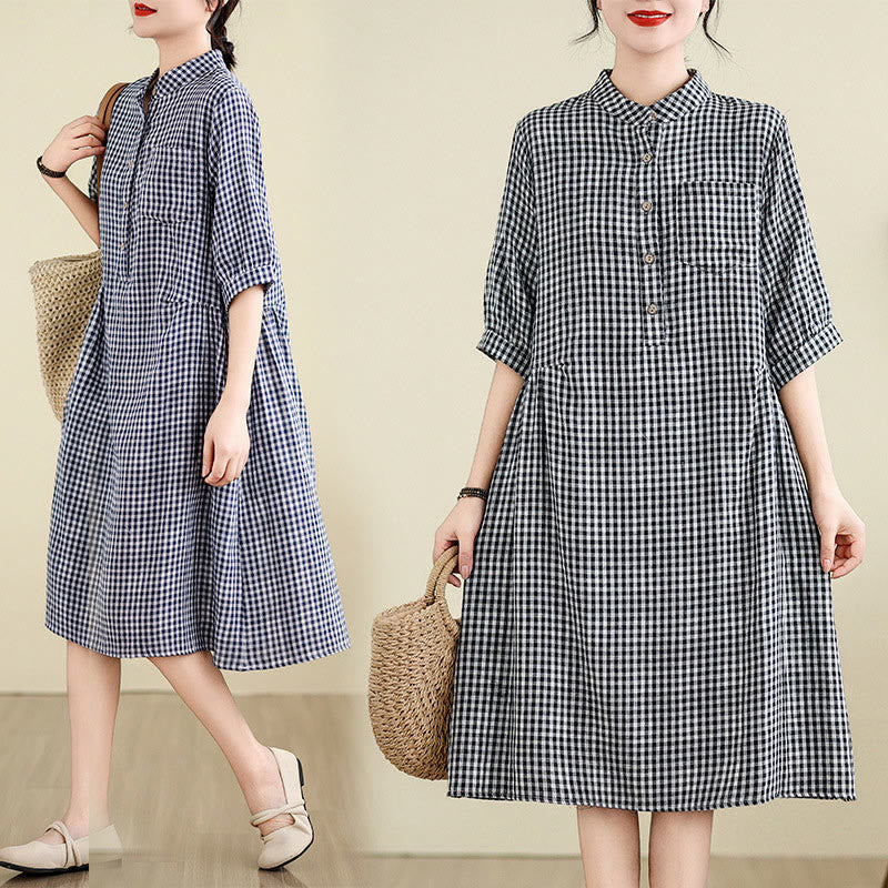 Buddha Stones Plaid Pattern Half Sleeve Cotton Linen Midi Dress With Pockets - image 17