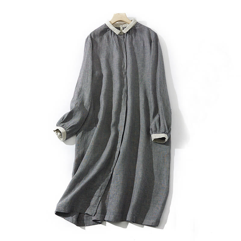 Buddha Stones Commute DimGray Plaid Lantern Long Sleeve Cotton Linen Midi Dress With Pockets - DimGray - US8-10，UK/AU12-14，EU40-42 (2XL) - image 0