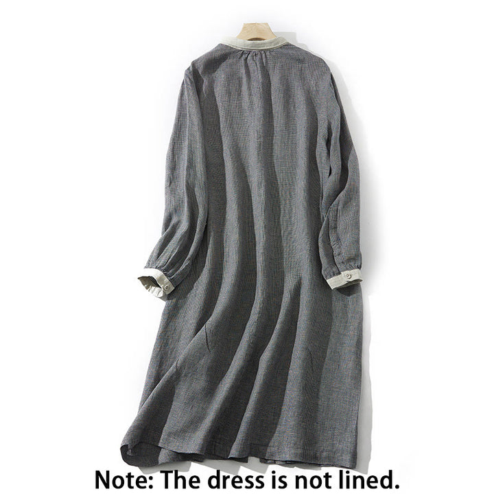 Buddha Stones Commute DimGray Plaid Lantern Long Sleeve Cotton Linen Midi Dress With Pockets - image 1