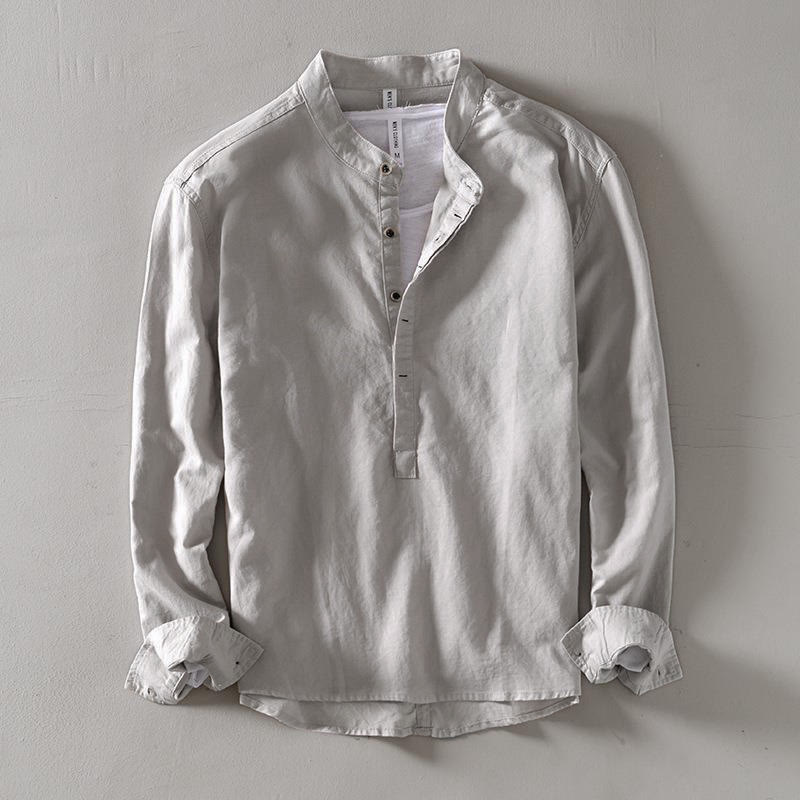 Buddha Stones Solid Color Long Sleeve Half Button Shirt Cotton Linen Men Clothing - Gainsboro - US/UK/AU40，EU50 (2XL) - image 3