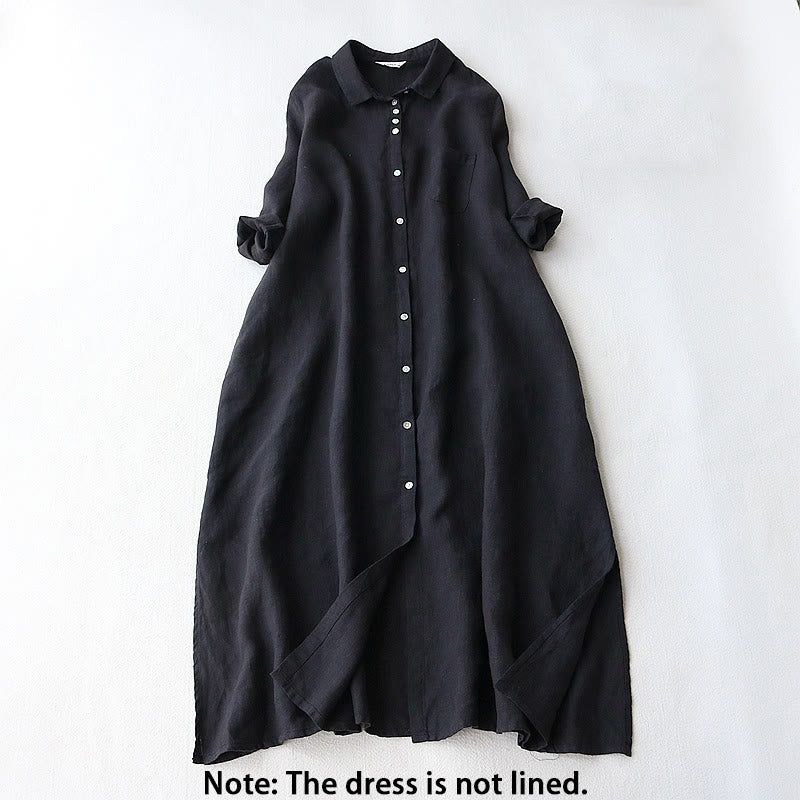 Buddha Stones Buttons Design Lapel Three Quarter Sleeve Cotton Linen Midi Dress With Pockets - image 1