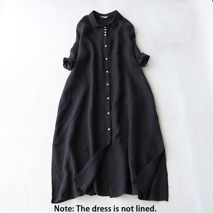Buddha Stones Buttons Design Lapel Three Quarter Sleeve Cotton Linen Midi Dress With Pockets - image 1