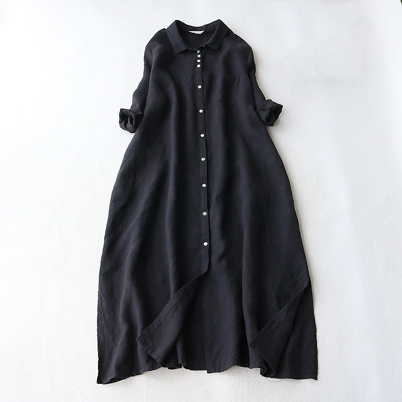 Buddha Stones Buttons Design Lapel Three Quarter Sleeve Midi Dress With Pockets - Black - US8-10，UK/AU12-14，EU40-42 (2XL) - image 0