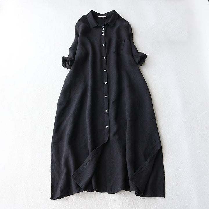 Buddha Stones Buttons Design Lapel Three Quarter Sleeve Cotton Linen Midi Dress With Pockets - Black - US8-10，UK/AU12-14，EU40-42 (2XL) - image 1