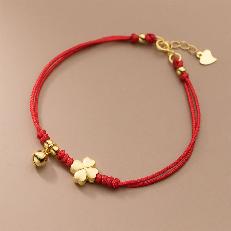 Buddha Stones 925 Sterling Silver Plated Gold Four Leaf Clover Red String Connection Bracelet - image 2