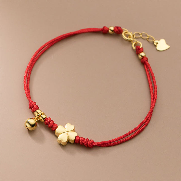 Buddha Stones 925 Sterling Silver Plated Gold Four Leaf Clover Red String Connection Bracelet - image 2
