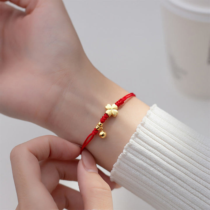 Buddha Stones 925 Sterling Silver Plated Gold Four Leaf Clover Red String Connection Bracelet - image 9