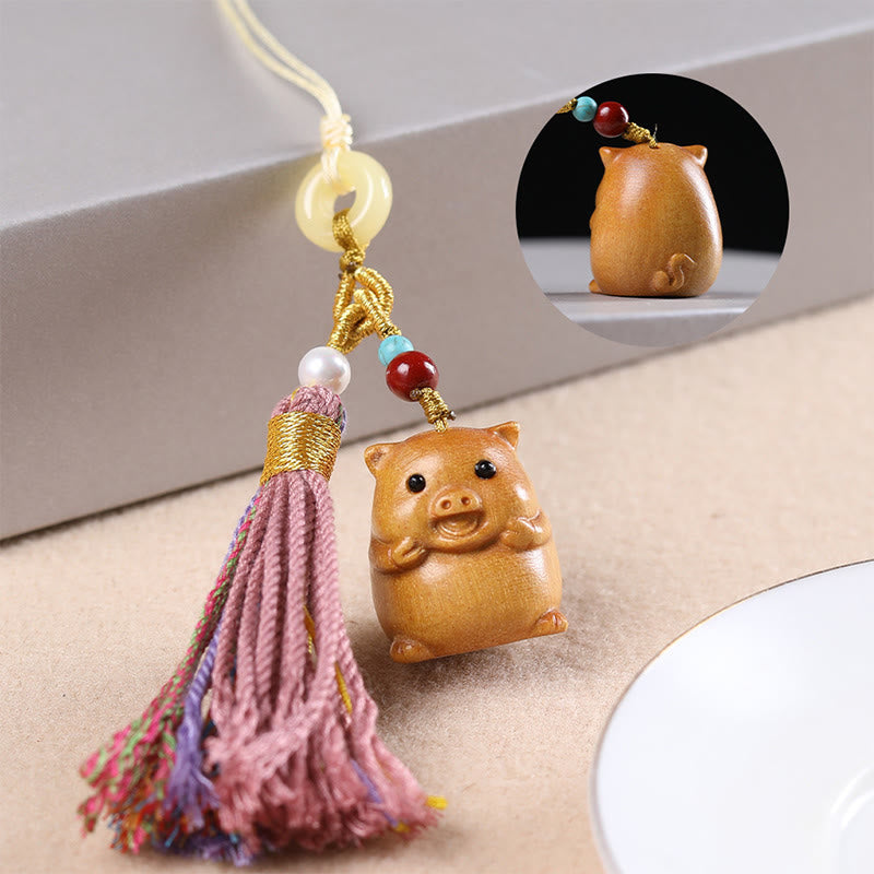 Buddha Stones Sandalwood 12 Chinese Zodiac Blessing Colorful Tassel Accessories Keychain - Pig - image 33