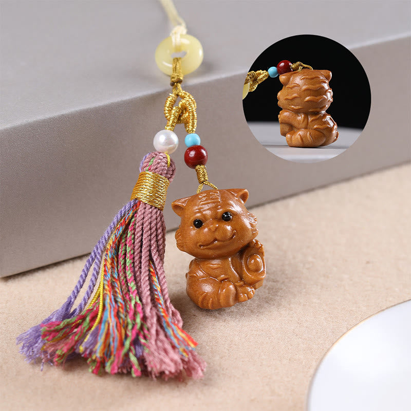 Buddha Stones Sandalwood 12 Chinese Zodiac Blessing Colorful Tassel Accessories Keychain - Tiger - image 17