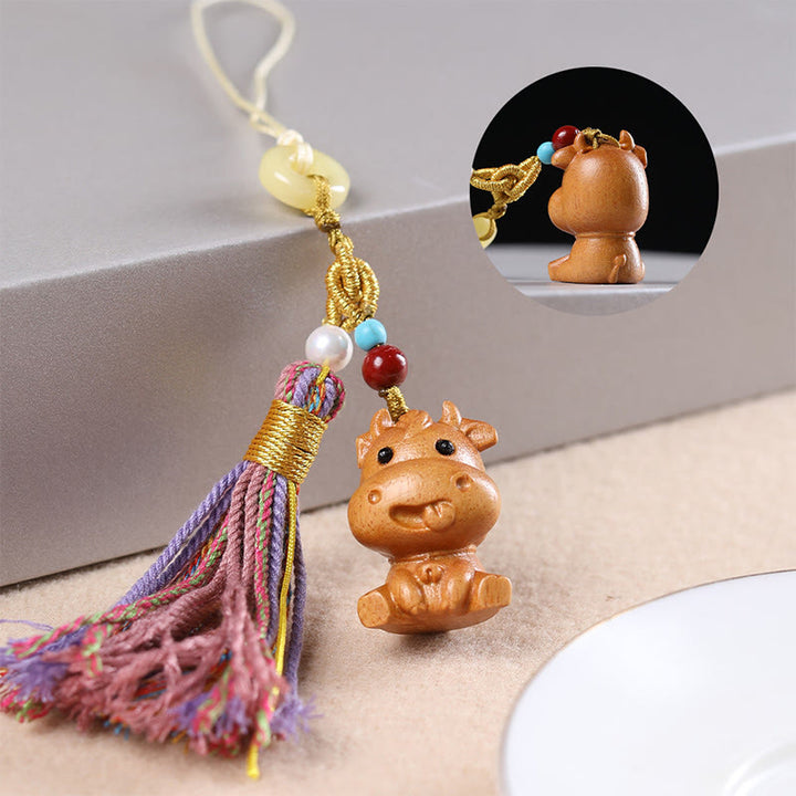 Buddha Stones Sandalwood 12 Chinese Zodiac Blessing Colorful Tassel Accessories Keychain - Ox - image 12