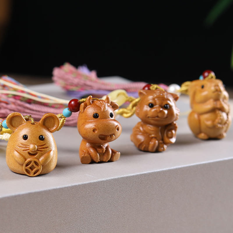 Buddha Stones Sandalwood 12 Chinese Zodiac Blessing Colorful Tassel Accessories Keychain - image 35