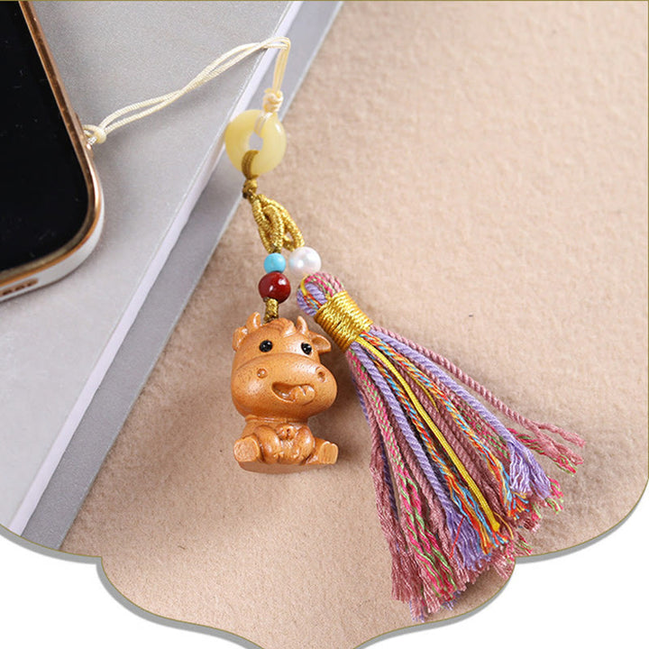 Buddha Stones Sandalwood 12 Chinese Zodiac Blessing Colorful Tassel Accessories Keychain - image 14