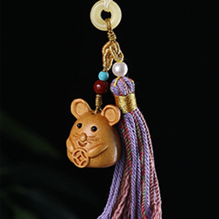 Buddha Stones Sandalwood 12 Chinese Zodiac Blessing Colorful Tassel Accessories Keychain - image 11