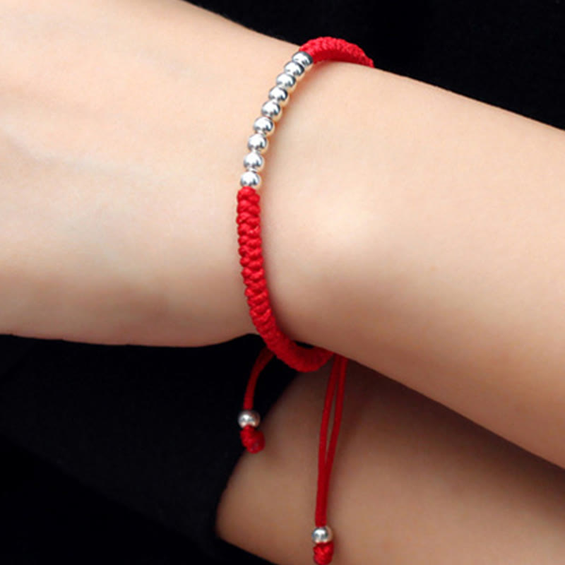Buddha Stones Retro 925 Sterling Silver Simple Beads Knot Design Luck String Bracelet - image 5