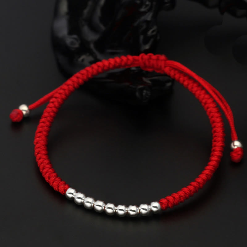 Buddha Stones Retro 925 Sterling Silver Simple Beads Knot Design Luck String Bracelet - 925 Sterling Silver(Wrist Circumference: 15-22cm) - Red - image 0