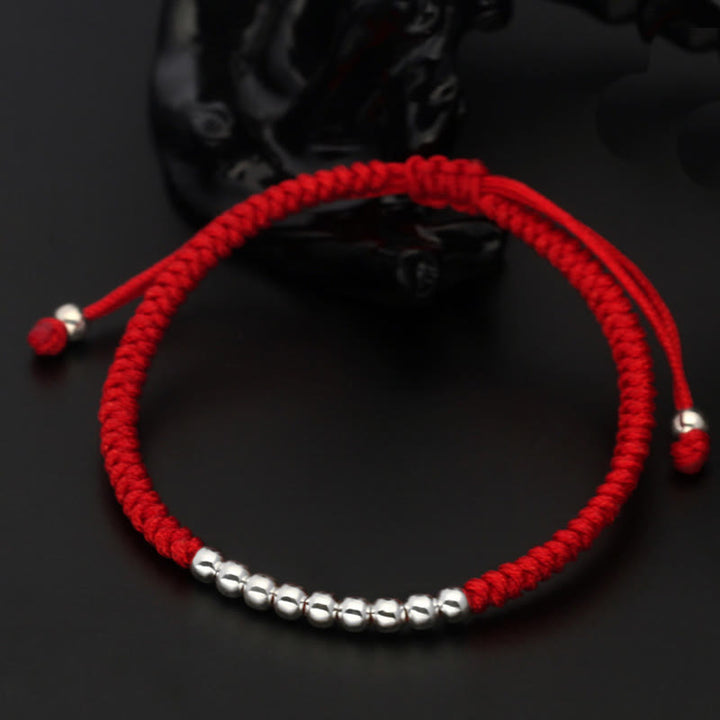 Buddha Stones Retro 925 Sterling Silver Simple Beads Knot Design Luck String Bracelet - 925 Sterling Silver(Wrist Circumference: 15-22cm) - Red - image 0
