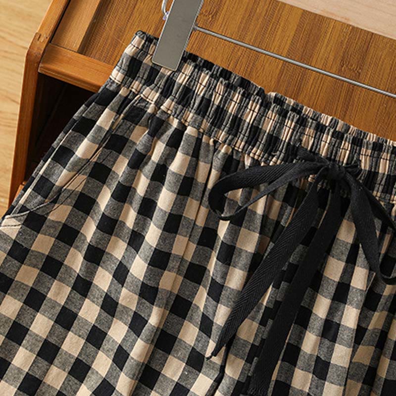 Buddha Stones Casual Cotton Stitching Grid Women's 7-8 Length Wide Leg Pants With Pockets - image 7