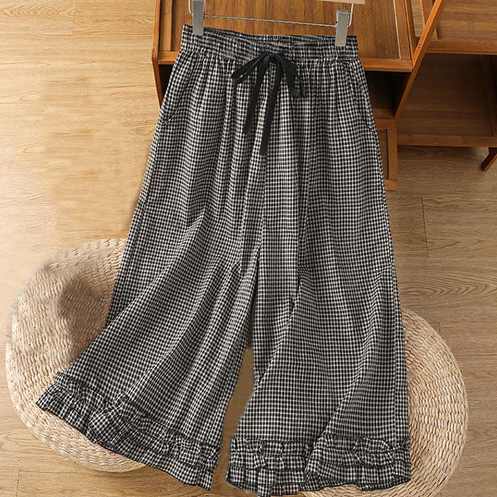 Buddha Stones Casual Cotton Stitching Grid Women's 7-8 Length Wide Leg Pants With Pockets - DimGray - US6，UK/AU10，EU38 (XL) - image 8