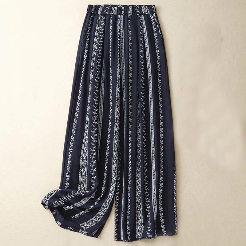 Buddha Stones Casual Vertical Printing Cotton Linen Women's Wide Leg Pants With Pockets - MidnightBlue - US8-10，UK/AU12-14，EU40-42 (2XL) - image 1