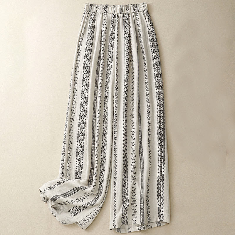 Buddha Stones Casual Vertical Printing Cotton Linen Women's Wide Leg Pants With Pockets - Beige - US8-10，UK/AU12-14，EU40-42 (2XL) - image 5