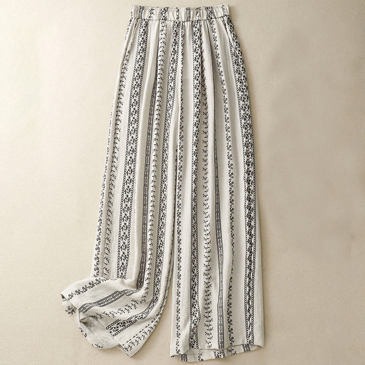 Buddha Stones Casual Vertical Printing Cotton Linen Women's Wide Leg Pants With Pockets - Beige - US8-10，UK/AU12-14，EU40-42 (2XL) - image 5