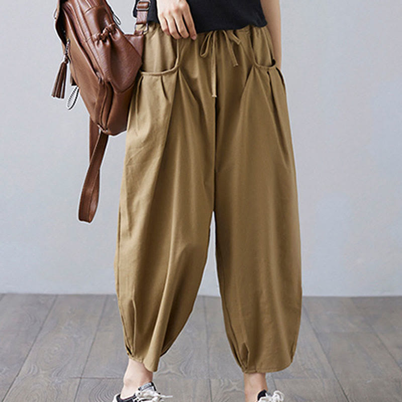 Buddha Stones Summer Plain Cropped Pants Women's Cotton Linen Harem Pants With Pockets - image 1