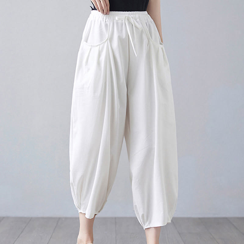 Buddha Stones Summer Plain Cropped Pants Women's Cotton Linen Harem Pants With Pockets - image 10