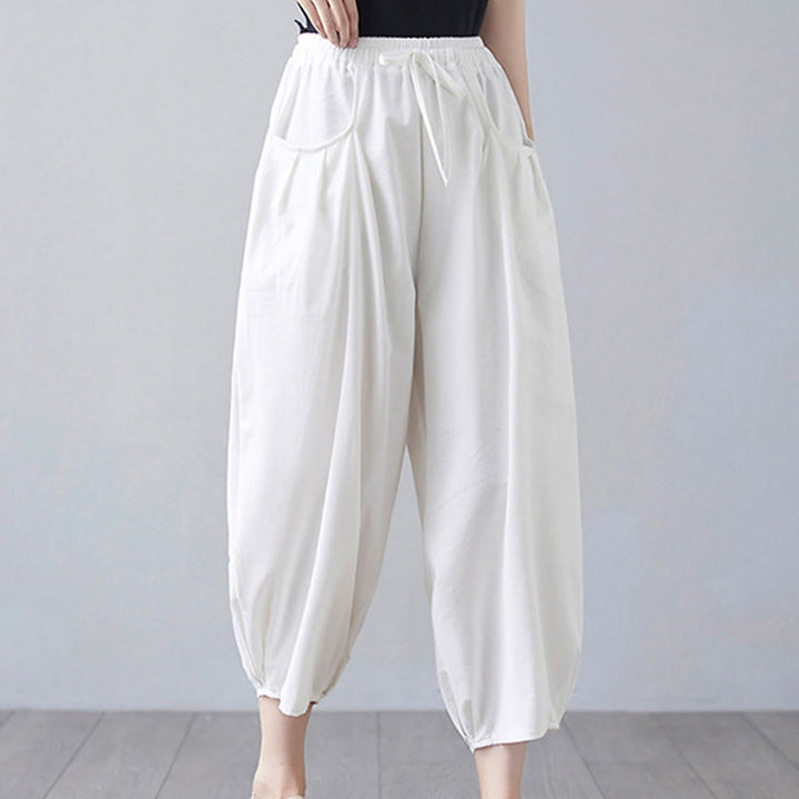 Buddha Stones Summer Plain Cropped Pants Women's Cotton Linen Harem Pants With Pockets - image 10