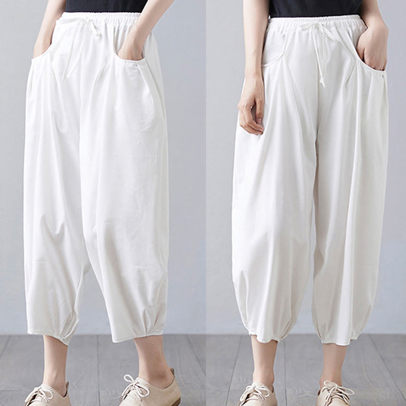 Buddha Stones Summer Plain Cropped Pants Women's Cotton Linen Harem Pants With Pockets - image 12