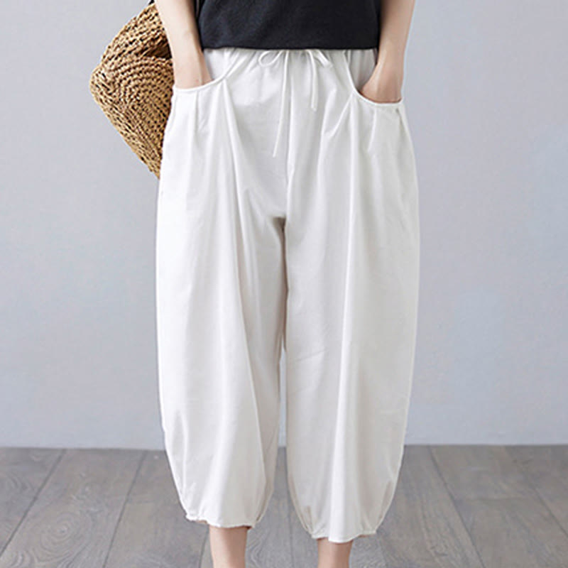 Buddha Stones Summer Plain Cropped Pants Women's Cotton Linen Harem Pants With Pockets - White - US12，UK/AU16，EU44 (3XL) - image 6
