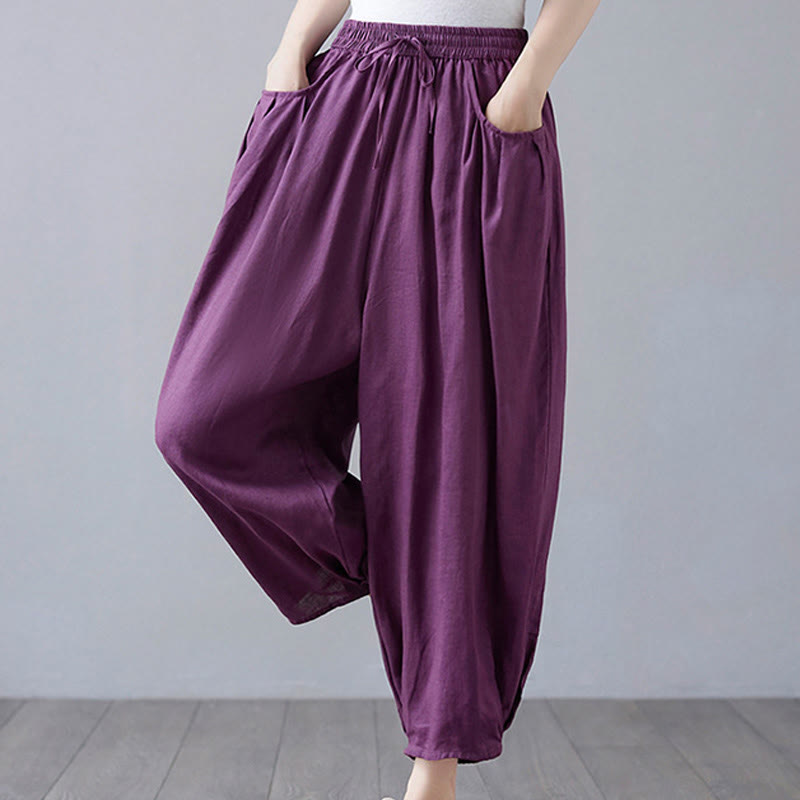 Buddha Stones Summer Plain Cropped Pants Women's Cotton Linen Harem Pants With Pockets - image 25
