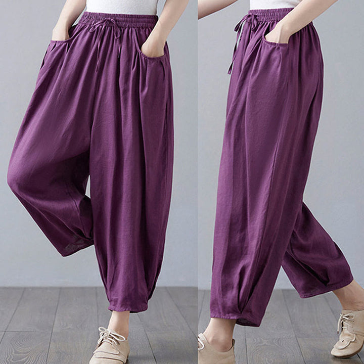 Buddha Stones Summer Plain Cropped Pants Women's Cotton Linen Harem Pants With Pockets - image 26
