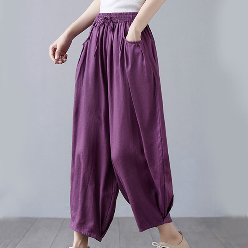 Buddha Stones Summer Plain Cropped Pants Women's Cotton Linen Harem Pants With Pockets - image 24