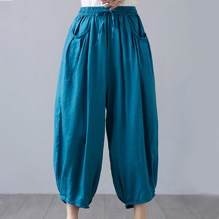 Buddha Stones Summer Plain Cropped Pants Women's Cotton Linen Harem Pants With Pockets - image 30