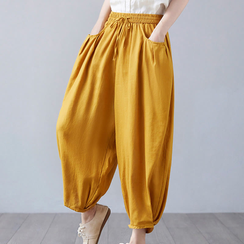 Buddha Stones Summer Plain Cropped Pants Women's Cotton Linen Harem Pants With Pockets - image 36