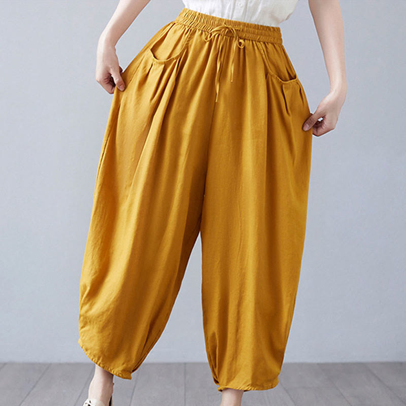 Buddha Stones Summer Plain Cropped Pants Women's Cotton Linen Harem Pants With Pockets - image 37