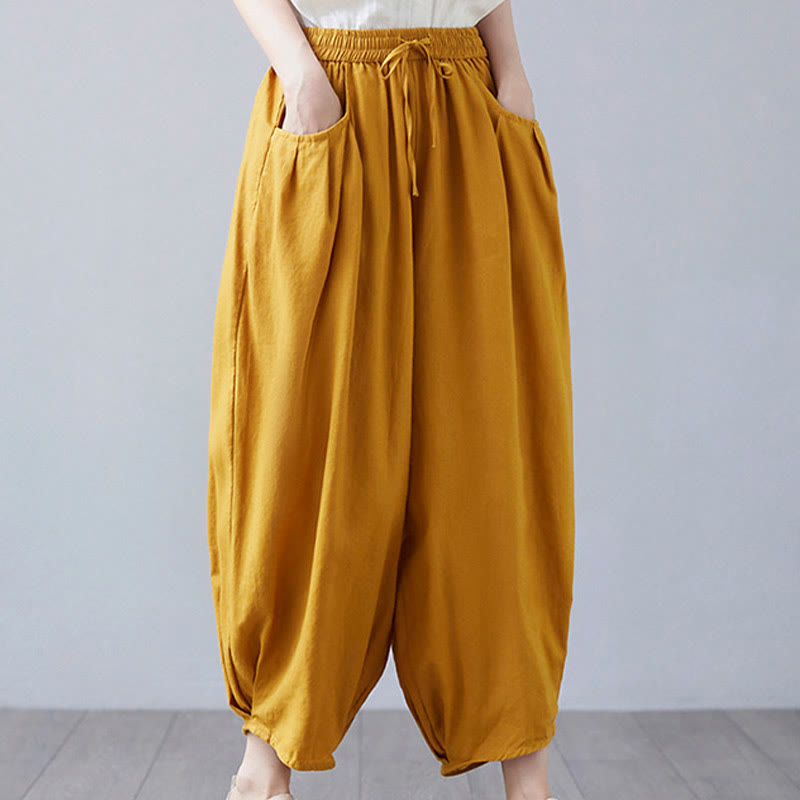 Buddha Stones Summer Plain Cropped Pants Women's Cotton Linen Harem Pants With Pockets - image 34