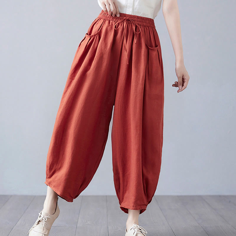 Buddha Stones Summer Plain Cropped Pants Women's Cotton Linen Harem Pants With Pockets - image 42